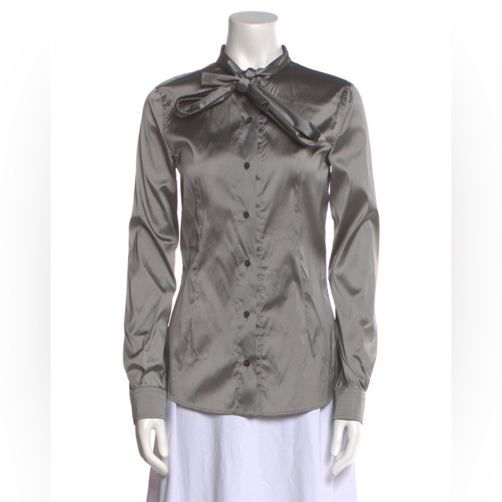 Dolce & Gabbana Silk Blend Tie Neck Button-Up Silver Gray Top EUC Sz IT 38 US 2